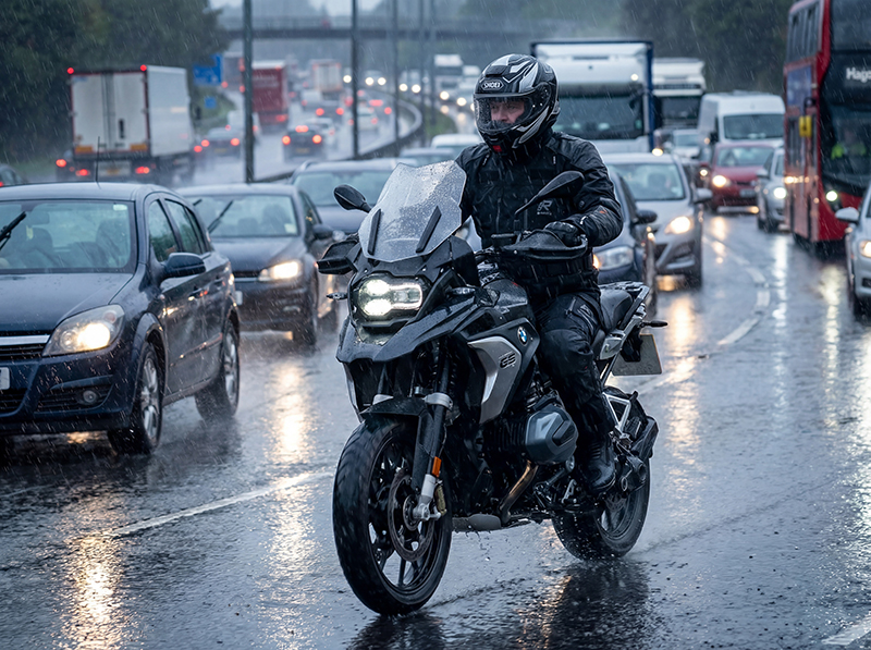 Rukka Explore-R suit being used in rain